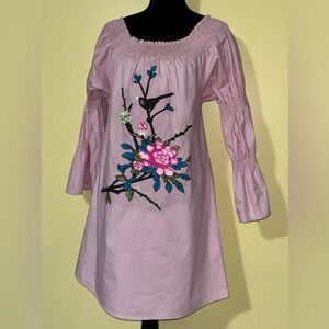 VELZERA Pink Embroidered Tunic Top/Mini Dress Elastic Gathered Sleeves - Small